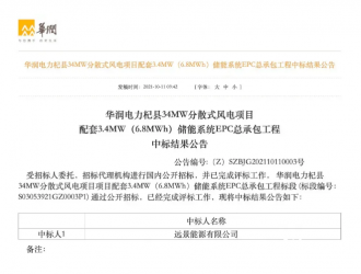 远景能源中标华润电力EPC风电项目并配套储能系统